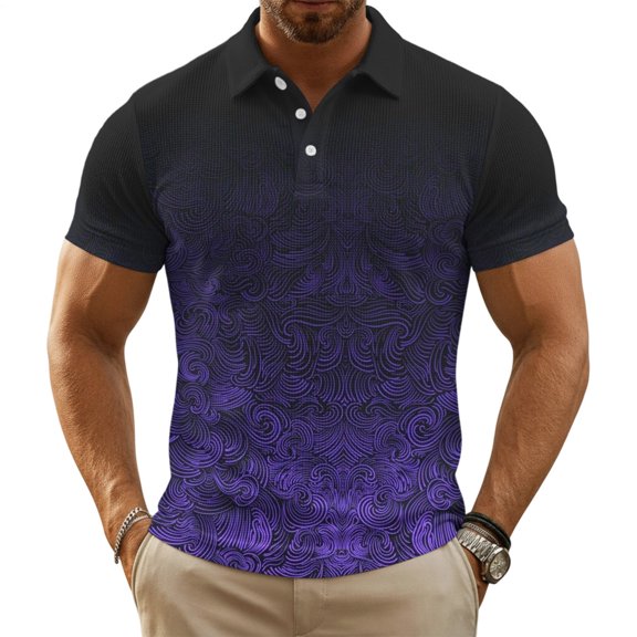 Liilaimic Men's Collared T Shirts Waffle Geometric Lapel Short Sleeve Button Tees Summer Basic Tops for Travel