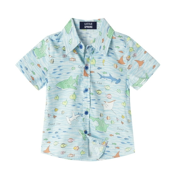 LiitleSpring Little Boys Hawaiian Shirts Size 7-8 Button Up Summer Shirt Beach Holiday Casual Cartoon Shark Ocean Lightweight