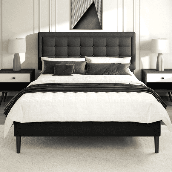 Lijimei Full size Bed Frame with Button Tufted Headboard, Easy Assembly, Black, Velvet Fabric