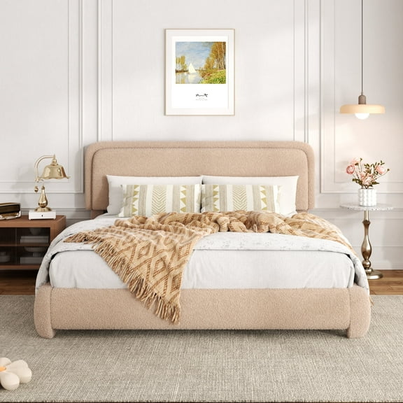 Lijimei King Size Boucle Bed Frame, Upholstered Cloud Platform Bed Frame with Headboard, Anti-Collision Soft Rounded Corners, Adjustable Headboard, Easy Assembly