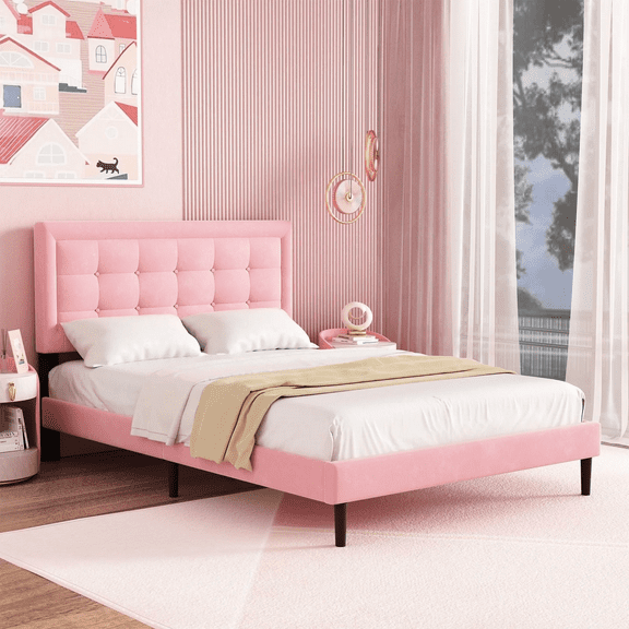 Lijimei King Size Bed Frame with Button Tufted Headboard, Easy Assembly,Pink