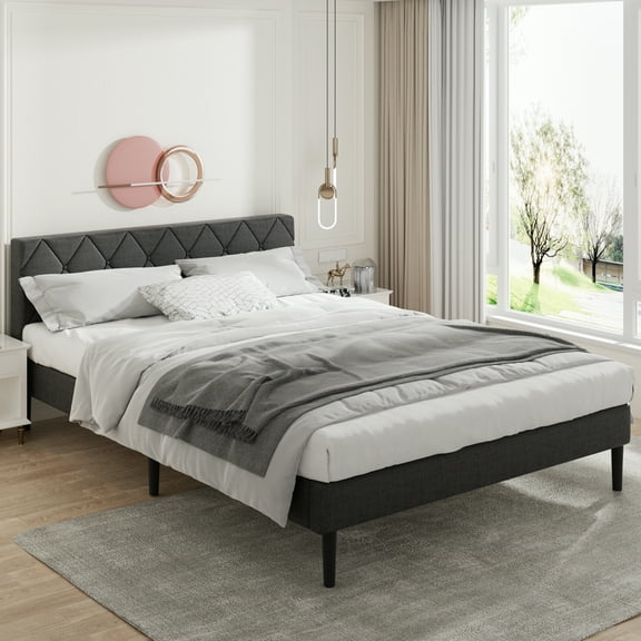Lijimei Queen Size Bed Frame , Upholstered Headboard,with Durable Wood Leg, Fabric Bed Headboard in Modern Button Design, Dark Gray