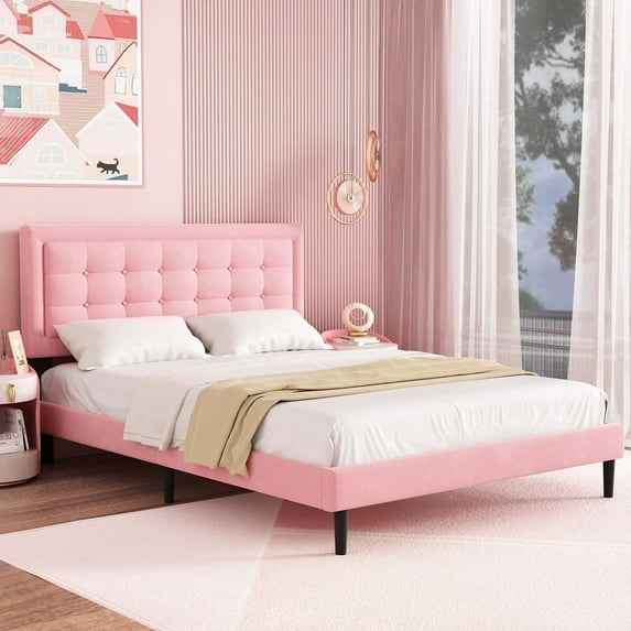 Lijimei Queen Size Bed Frame with Button Tufted Headboard, Easy Assembly, Pink, Velvet Fabric