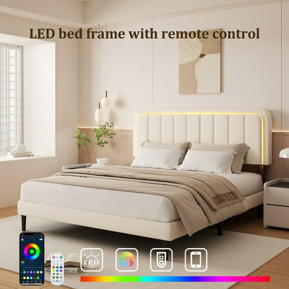 Lijimei Queen Size Platform Bed Frame with LED Light and Adjustable Upholstered Headboard, No Box Spring Needed, Easy Assembly, Beige Velvet