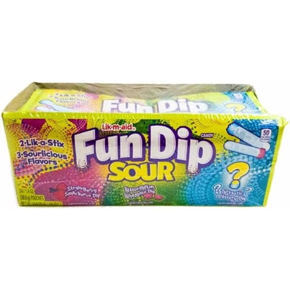 Lik-M-Aid Sour Fun Dip Candy, 1.4 oz Packets, Case of 24 Individual Packs, Sweet & Sour Powder Candy with Candy Stick