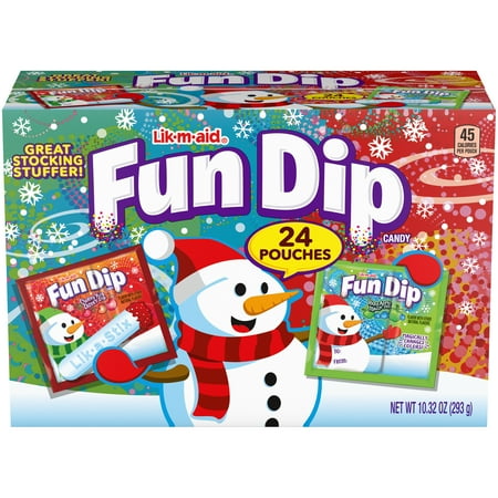 Lik-m-aid Fun Dip Holiday Assorted Candy Powder and Stick, Christmas Candy, 10.32 oz, 24 Count Pouches