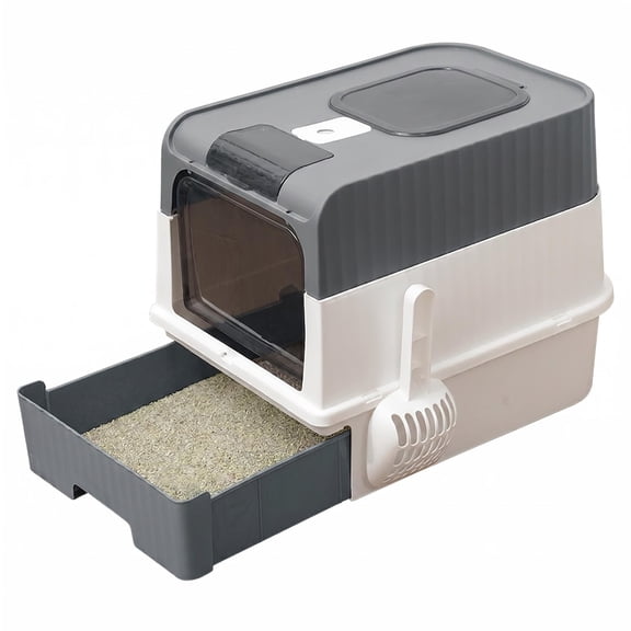 Likaty Enclosed Cat Litter Box,Large Litter Box with Lid Drawer,Gray
