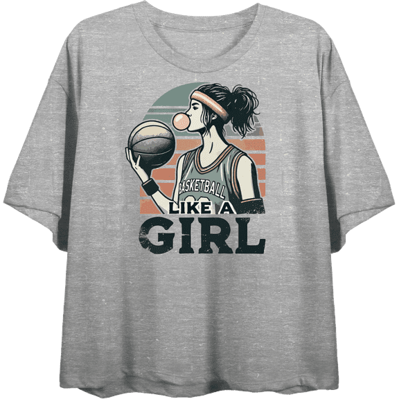 "Like A Girl" Women's Basketball Women's Heather Gray Crew Neck Short Sleeve Crop Tee-Medium