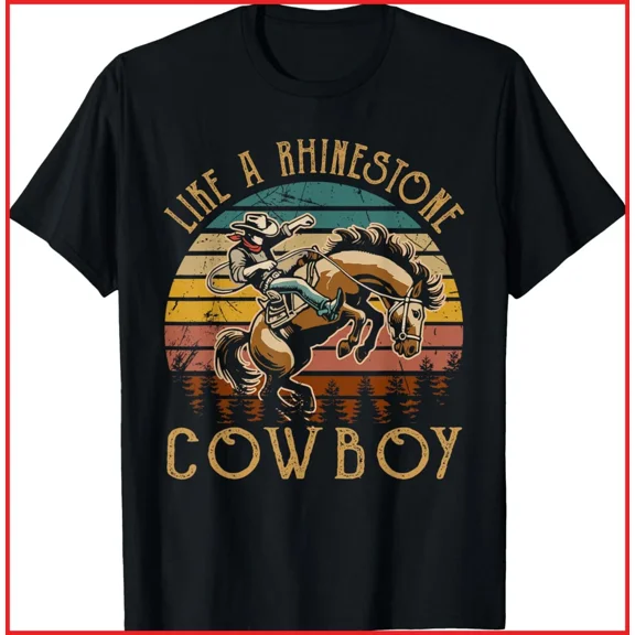 Like A Rhinestone Cowboy Retro Bucking Bronco Sunset Western Rodeo Unisex T-Shirt, S-5XL