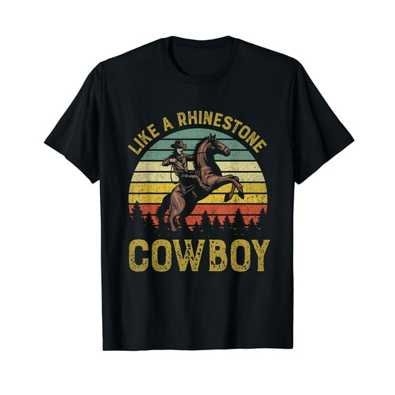 Like A Rhinestone Cowboy Vintage Western Rodeo Country Music Black T-Shirt Casual Cotton Tee