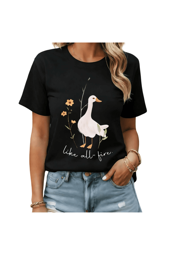 Like All-Fire White Duck Floral Graphic Tees Womans Tshirt Shirts Black S-5XL Tops