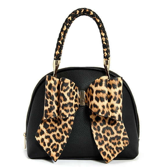 Like Dreams Women's Vegan Leather Leopard Top Handle Bow Bag, Black