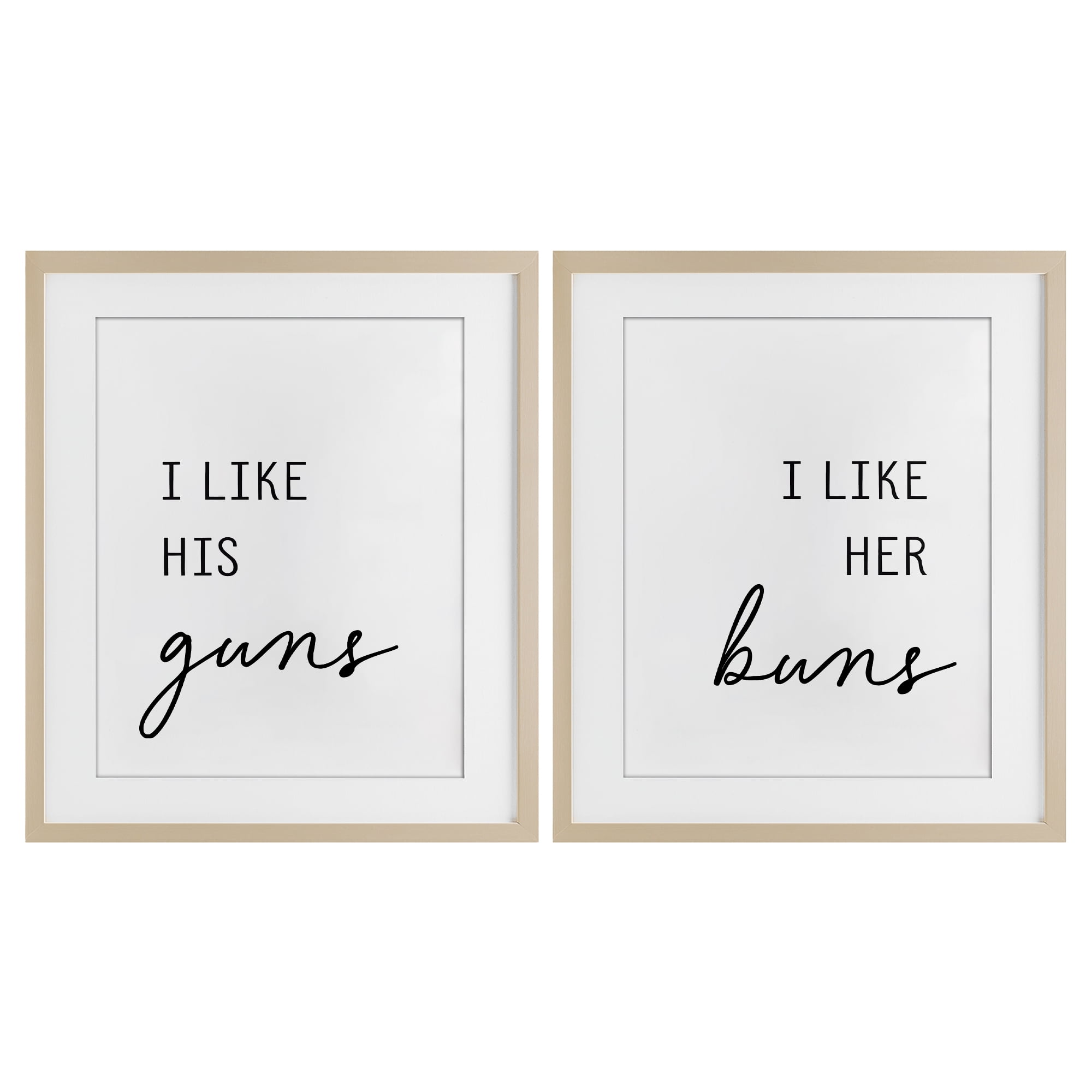 Like His Guns & Her Buns 2 Piece Birch Framed Print Under Glass Set, design by Lettered and Lined