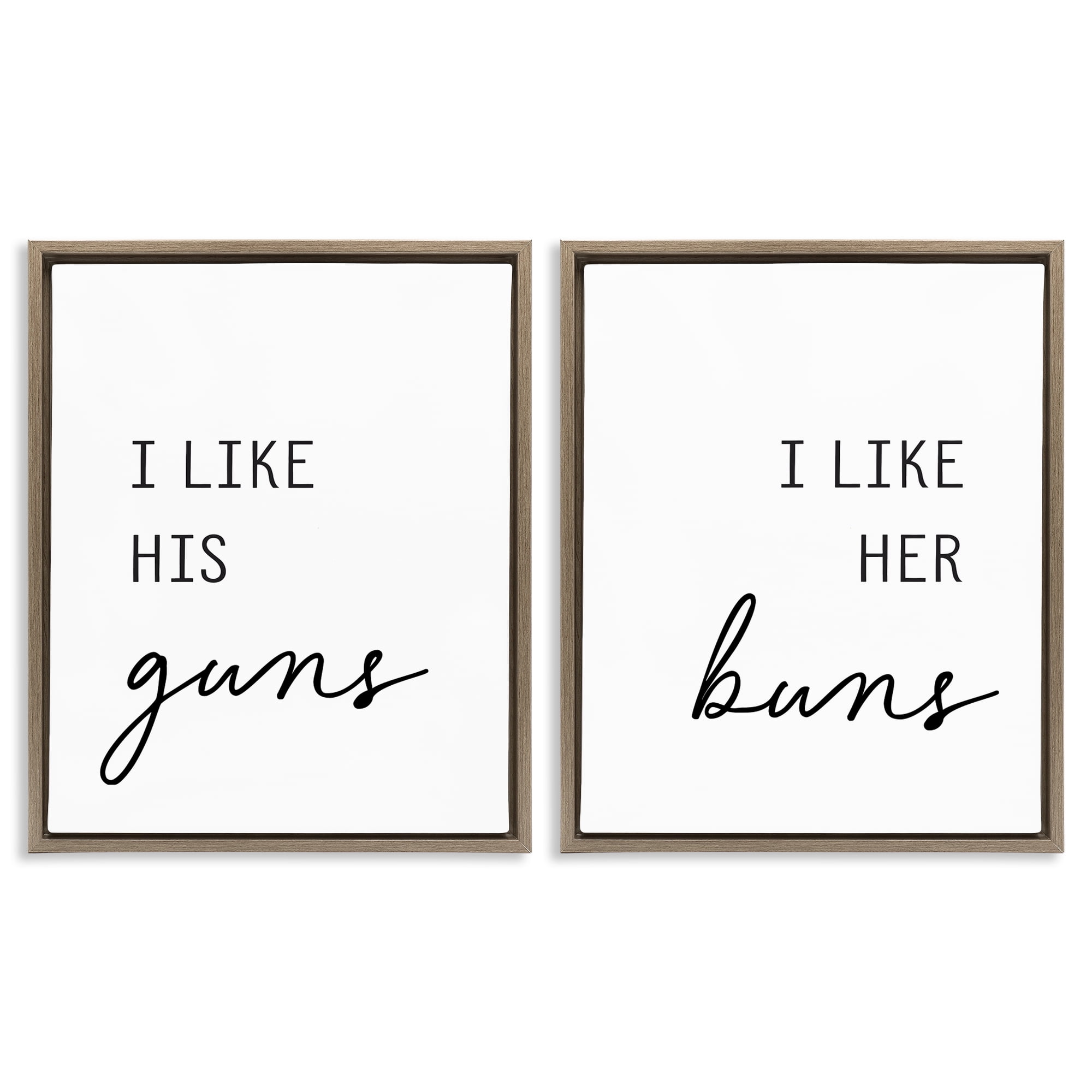 Like His Guns & Her Buns 2 Piece Brown Framed Floater Canvas Set, design by Lettered and Lined