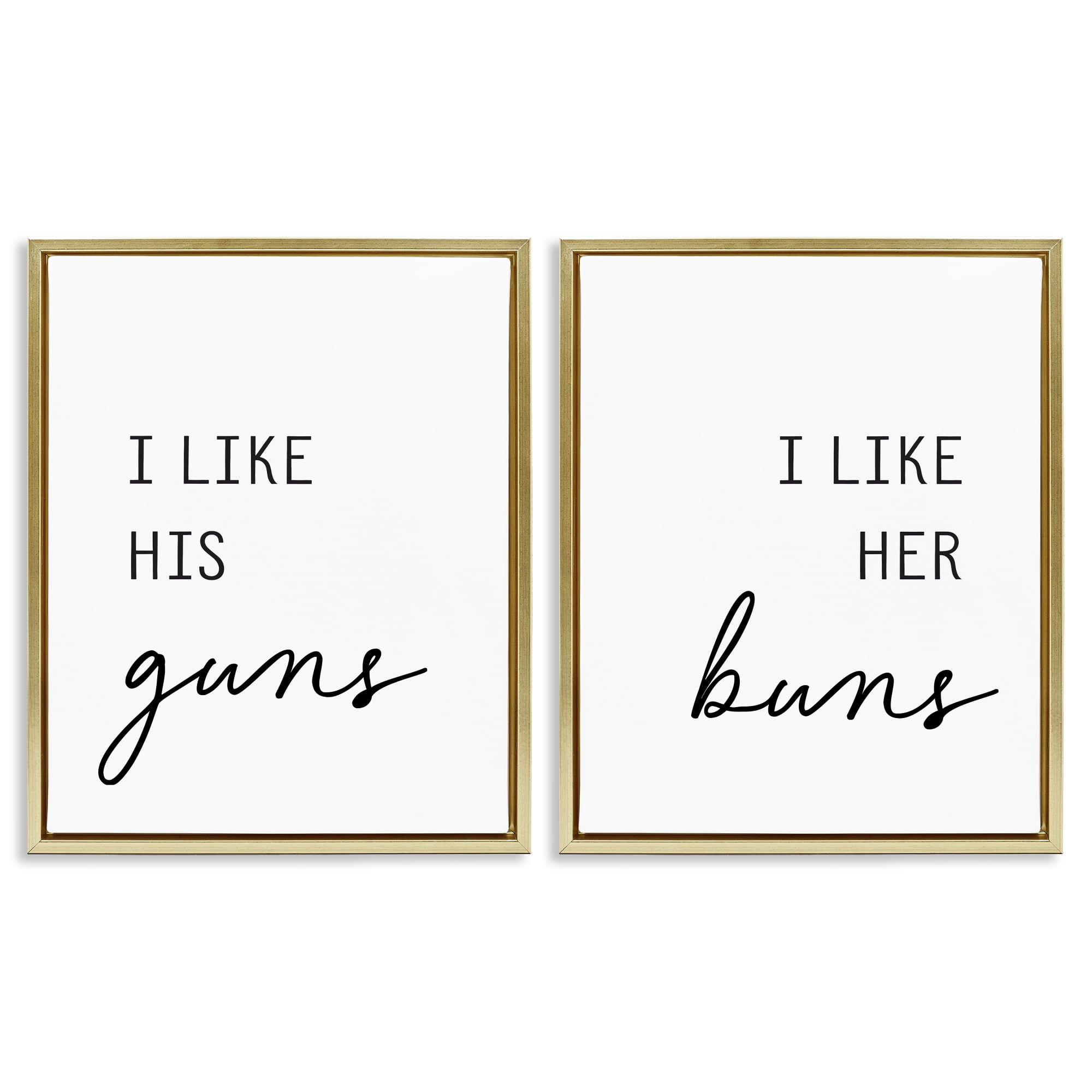 Like His Guns & Her Buns 2 Piece Gold Framed Floater Canvas Set, design by Lettered and Lined