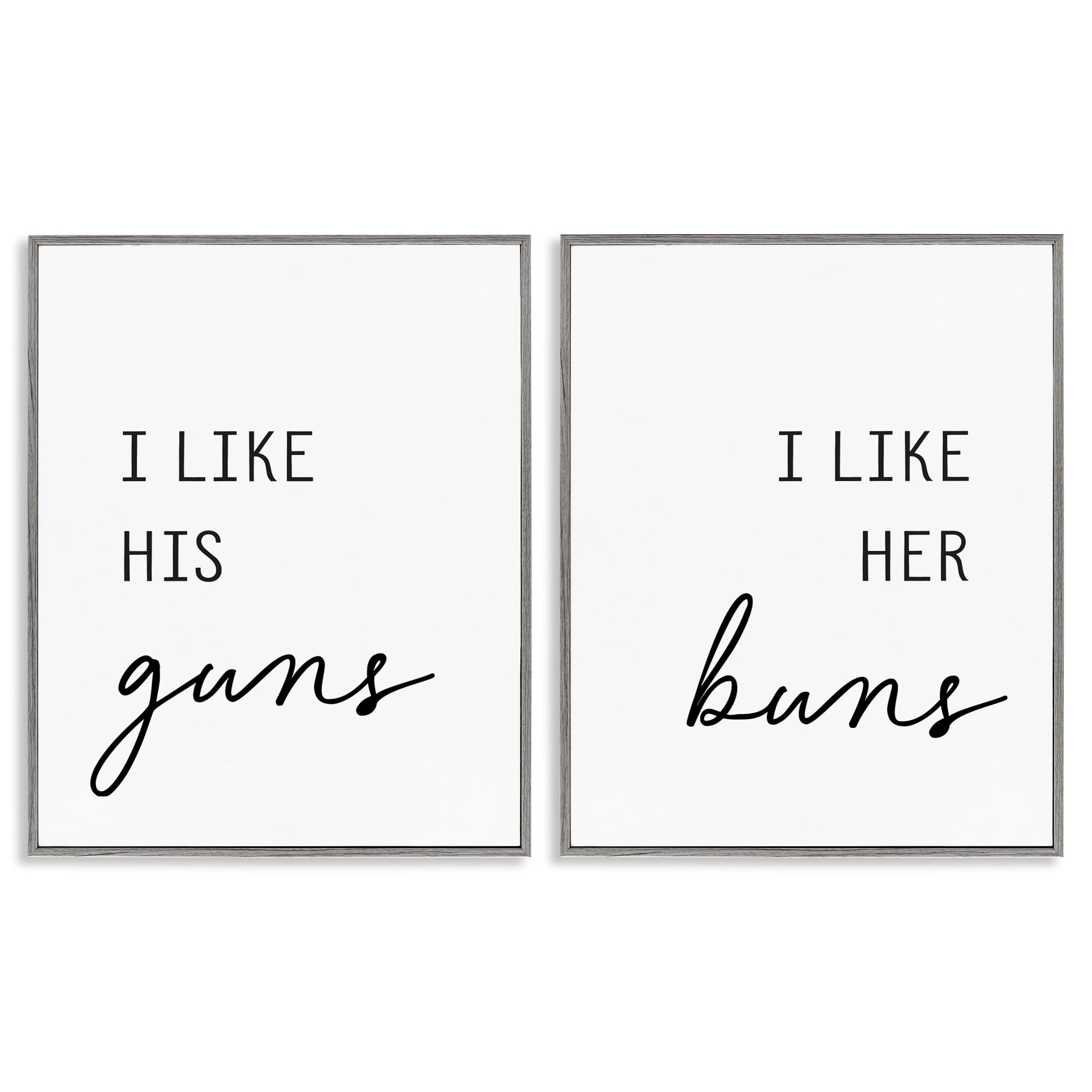 Like His Guns & Her Buns 2 Piece Gray Framed Giclee Art Set, design by Lettered and Lined