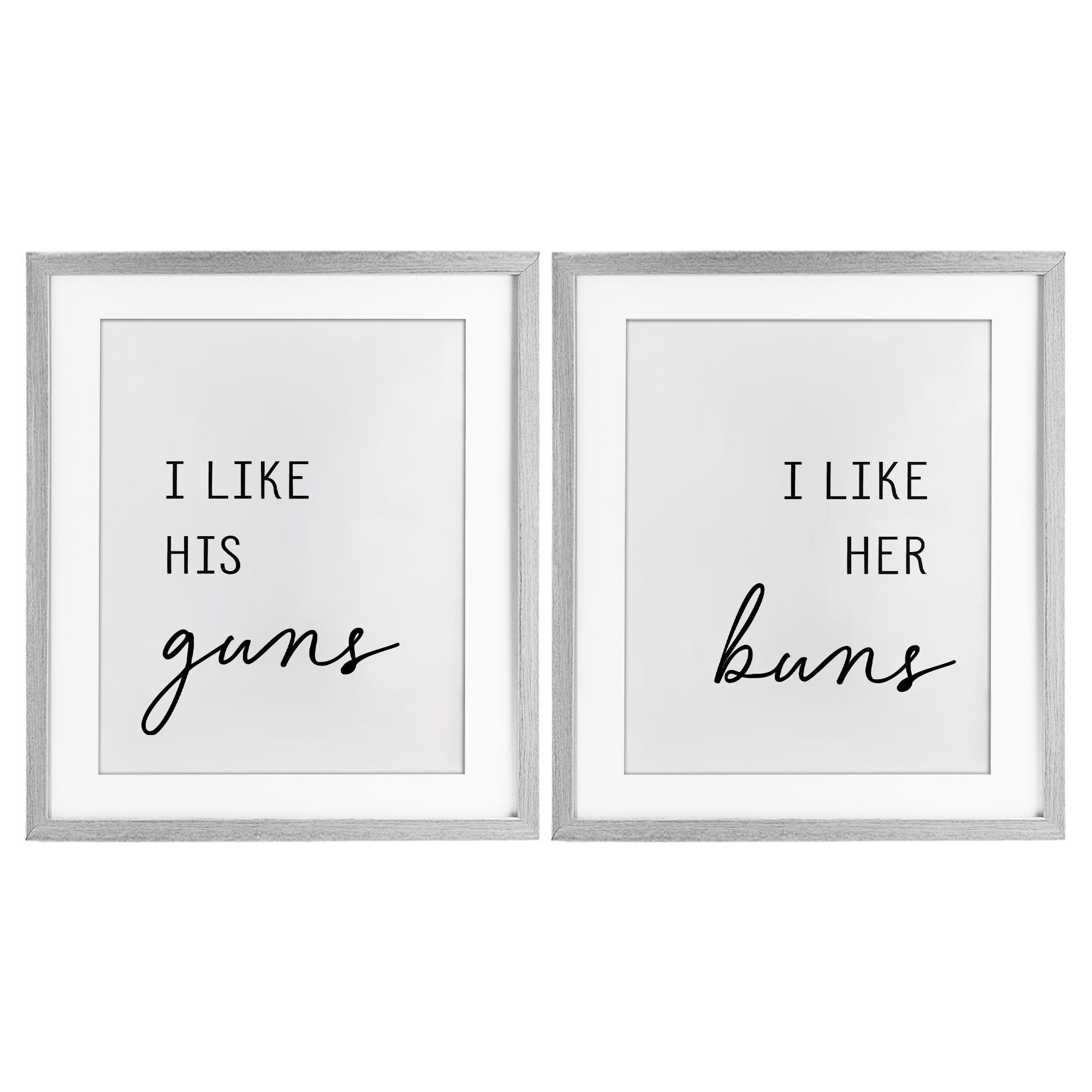 Like His Guns & Her Buns 2 Piece Gray Framed Print Under Glass Set, design by Lettered and Lined
