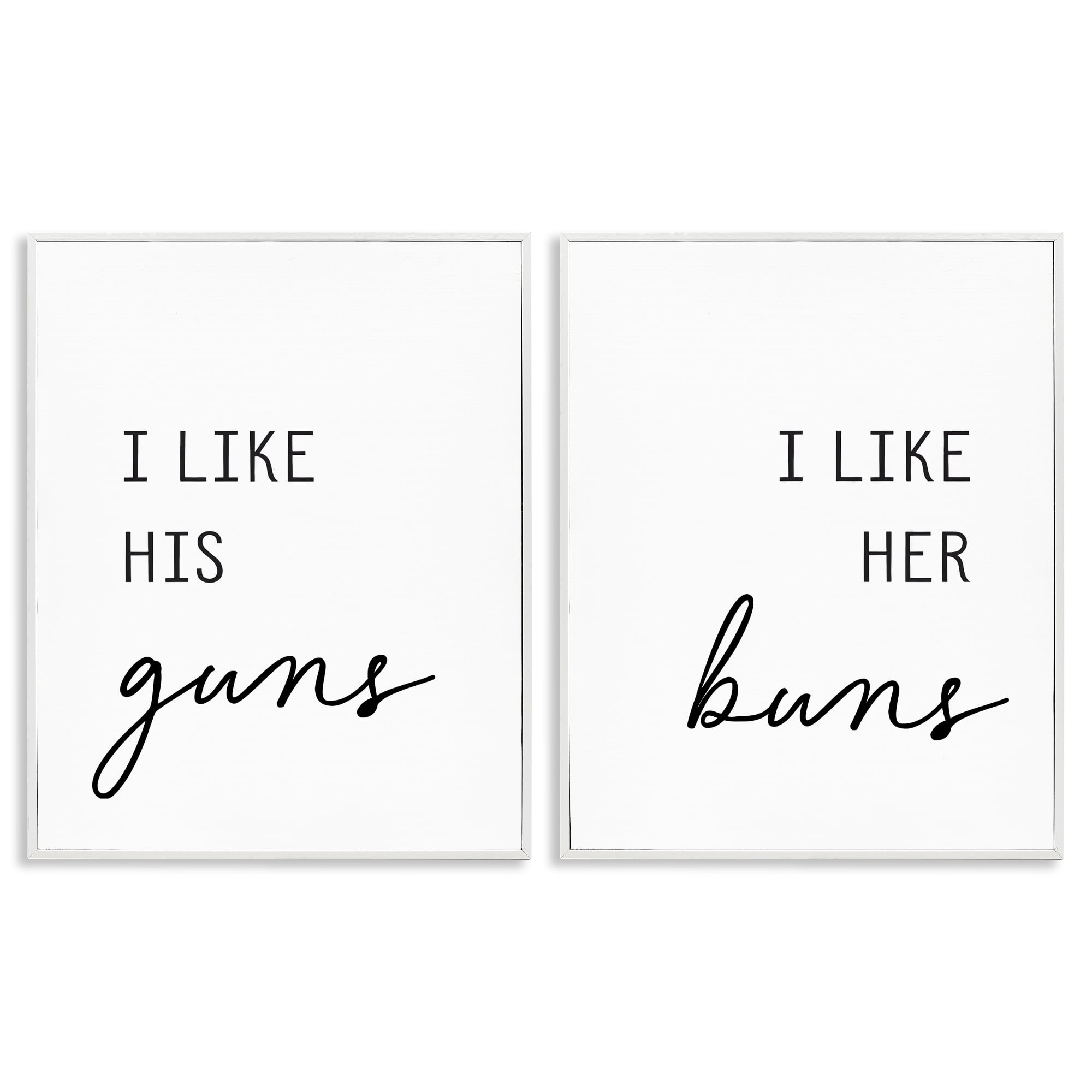 Like His Guns & Her Buns 2 Piece White Framed Giclee Art Set, design by Lettered and Lined