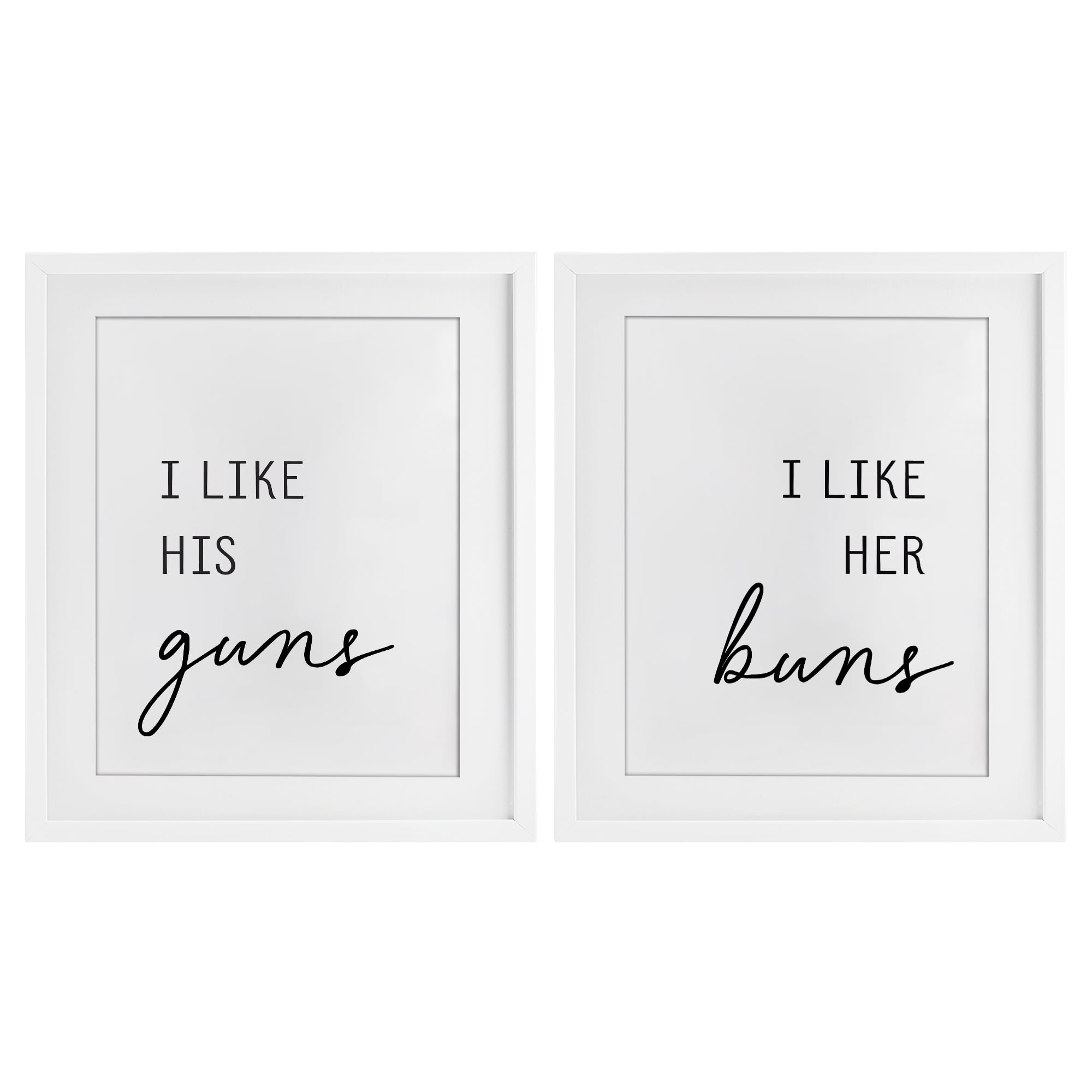 Like His Guns & Her Buns 2 Piece White Framed Print Under Glass Set, design by Lettered and Lined