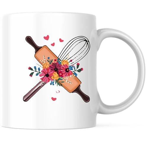 Like Love Bake Coffee Mug - Floral Rolling Pin Whisk Design - Unique 11 Ounce Ceramic Coffee Cup - Premium Ceramic - Design Printed On Both Sides - BMCM02994
