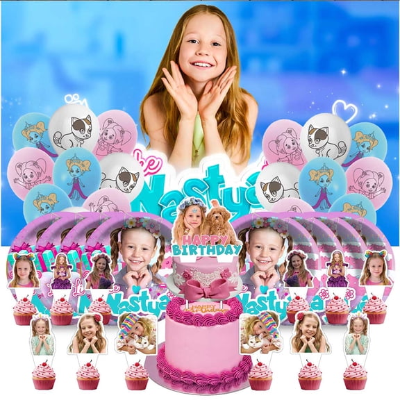 Like Nastya Themed Birthday Party Decor Set - Balloons, Paper Plates, Cake Toppers, Tableware & 5x2.3ft Backdrop Banner