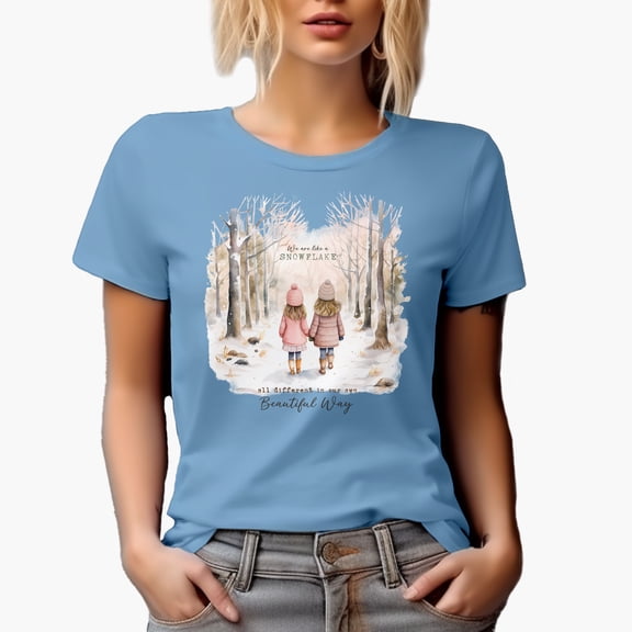 Like a Snowflake, Different in Our Own Beautiful Way with Watercolor Winter Art Merch Gift, Baby Blue T-Shirt, Medium