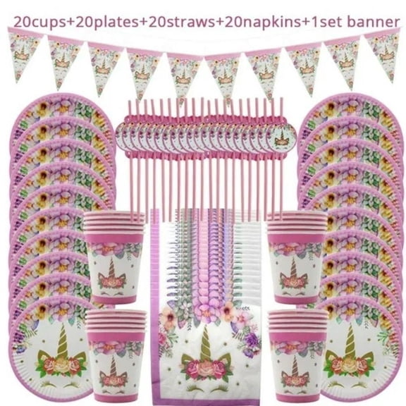 Unicorn Girls Party Supplies 81-Piece Set by Like2Party - Disposable, Pink