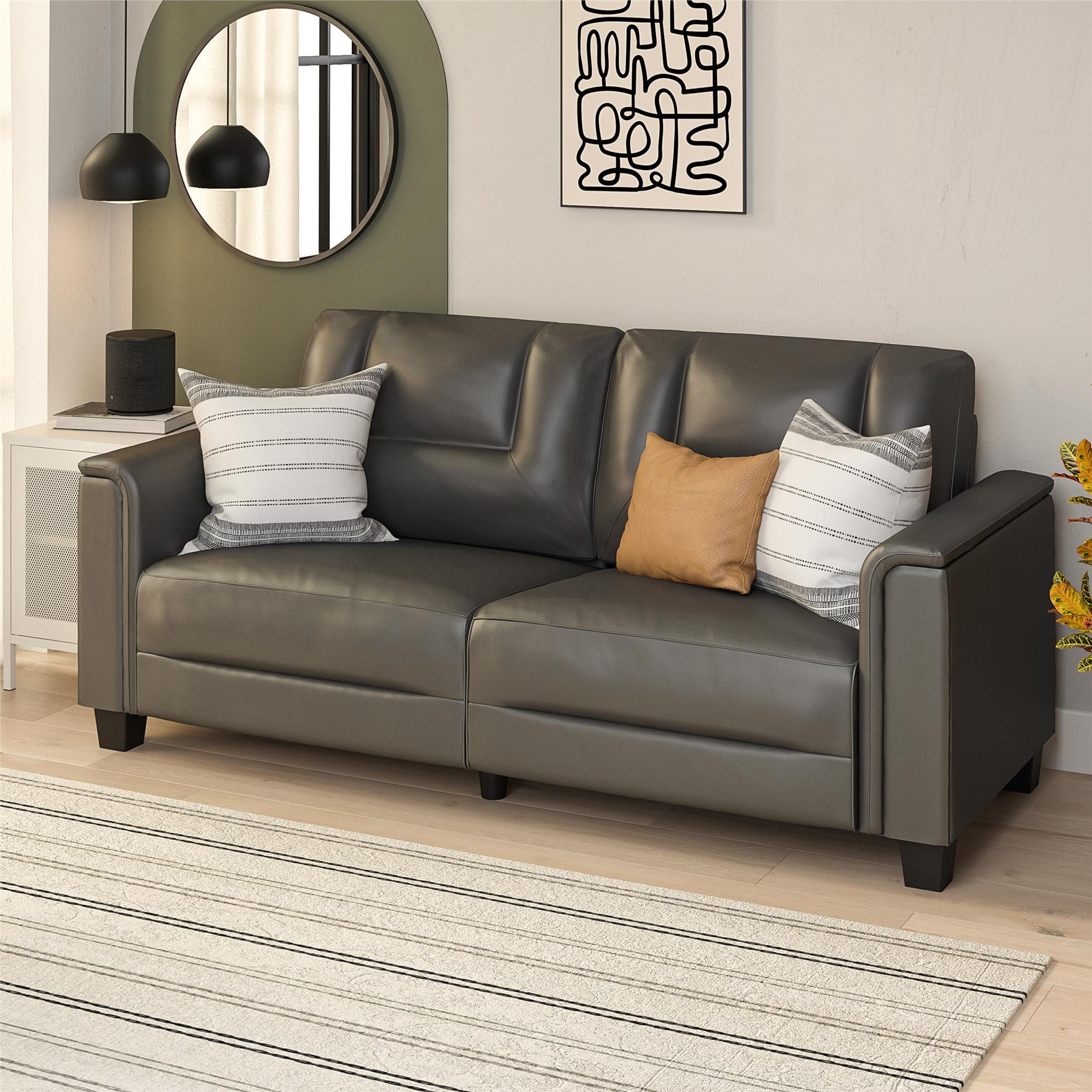 DHP Brodie 75.5" Upholstered Sofa with Pillow Arms, Charcoal Faux Leather