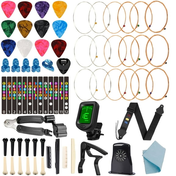 Likegreen Acoustic Guitar Accessories Kit Including acoustic Guitar Strings, tuner, guitar capo, 3-in-1 restring tool, guitar picks, pick holder, bridge pins, guitar nuts saddles, finger picks