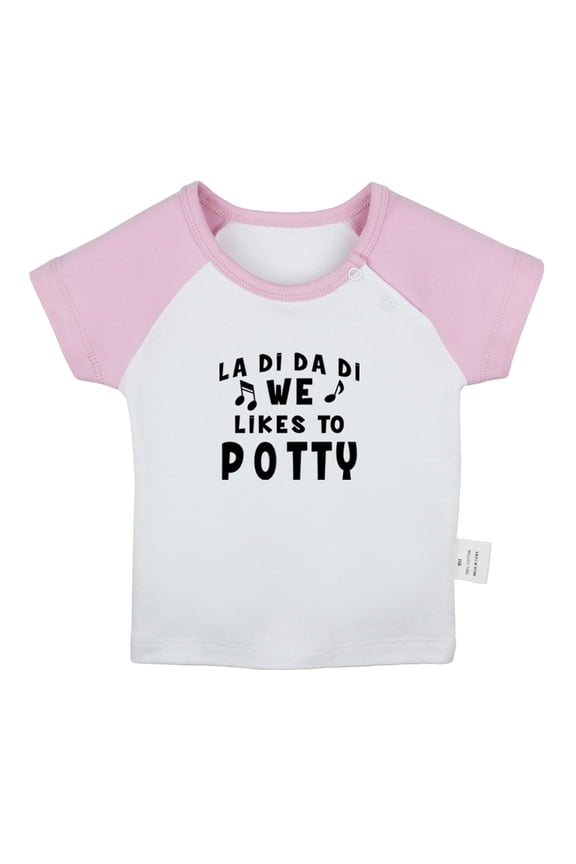 We Likes To Potty Funny T shirt For Baby, Newborn Babies T-shirts, Infant Tops, 0-24M Kids Graphic Tees Clothing (Short Pink Raglan T-shirt, 12-18 Months)