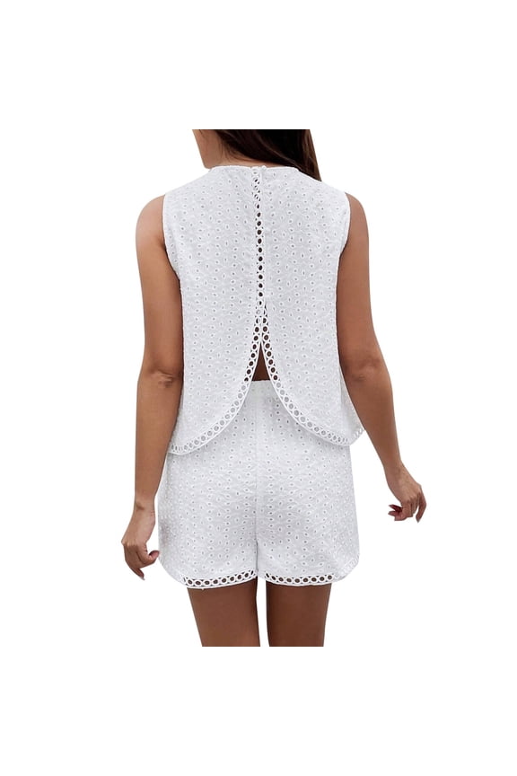 2 Piece Sets For Women Crew Neck Solid Color Sleeveless Top With Shorts Summer Comfortable Outfit Set White Size L