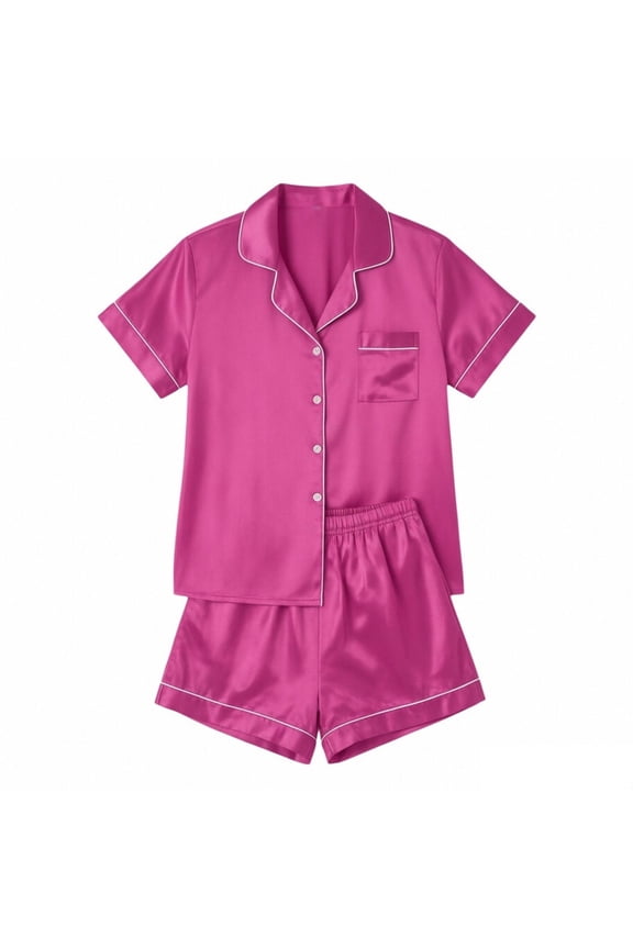 2 Piece Sets For Women Shorts Sleeve Lapel Button Down Solid Color Top With Elastic Waist Shorts Summer Comfort Casual Outfit Set Pink1 Size 2Xl