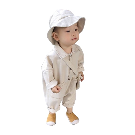 Likimi Baby Boys Denim Jumpsuits Lapel Button Down Solid Color Long Sleeve Romper For Baby Spring Autumn Fashionable Clothes Beige Size 2-3 Years