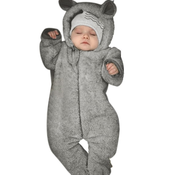 Likimi Baby Infant Boys Jumpsuits Hooded With Ears Zipper Solid Color Long Sleeve Romper For Baby Autumn Winter Soft Clothes Grey Size 6-12 Months