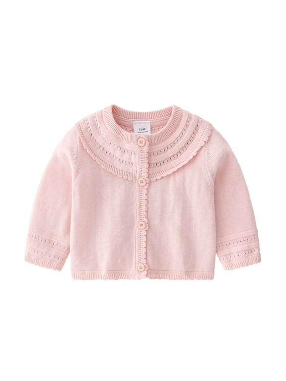 Baby Girls Knit Cardigan Long Sleeve Solid Color Crew Neck Button Down Sweater For Baby Spring Autumn Fashionable Knitted Coat Pink Size 12-18 Months