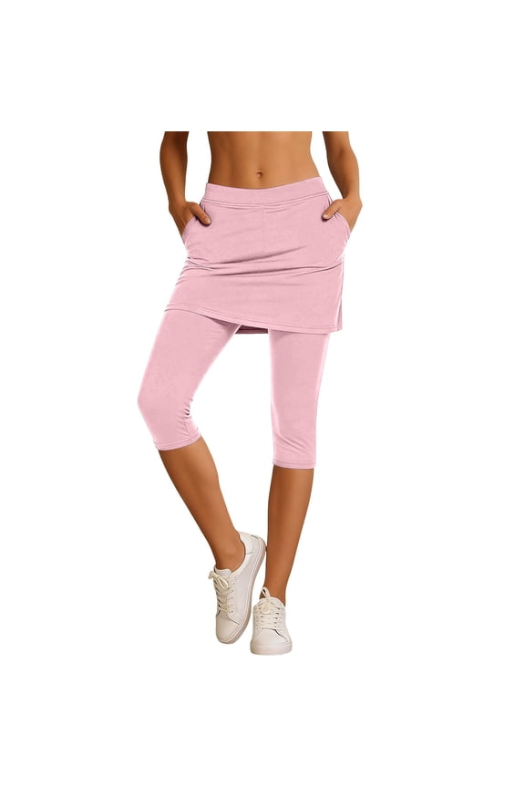 Capri Pants Women Skirt Solid Color With Pockets Stretchy Comfort Casual Trousers Pink Size S