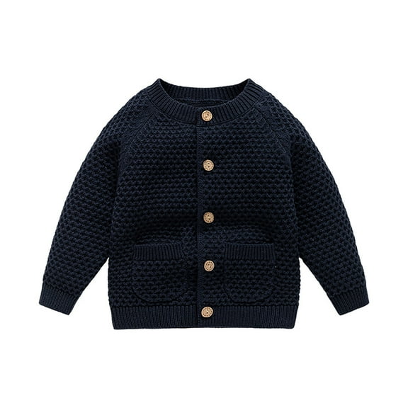 Likimi Child Boys Girls Knitted Sweater Cardigan Long Sleeve Solid Color Crew Neck Button Coats Autumn Winter Outwear Size 2-3 Years Dark Blue
