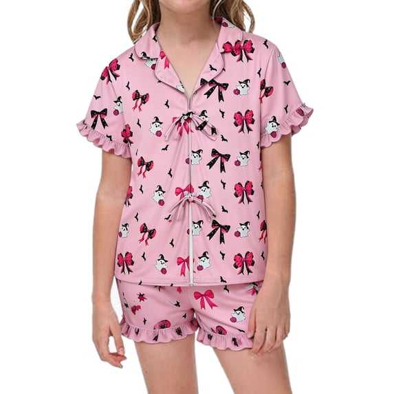Likimi Child Girls Halloween Pajamas Set With Ruffles Short Sleeve Hallowmas Bow Print Lapel Pjs Tops With Shorts For Party Fashion Homewear Set Size 3-4 Years