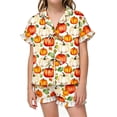 thumbnail image 1 of Likimi Child Girls Halloween Pajamas Set With Ruffles Short Sleeve Hallowmas Pumpkin Print Lapel Pjs Tops With Shorts For Party Fashionable Homewear Set Size 3-4 Years, 1 of 7