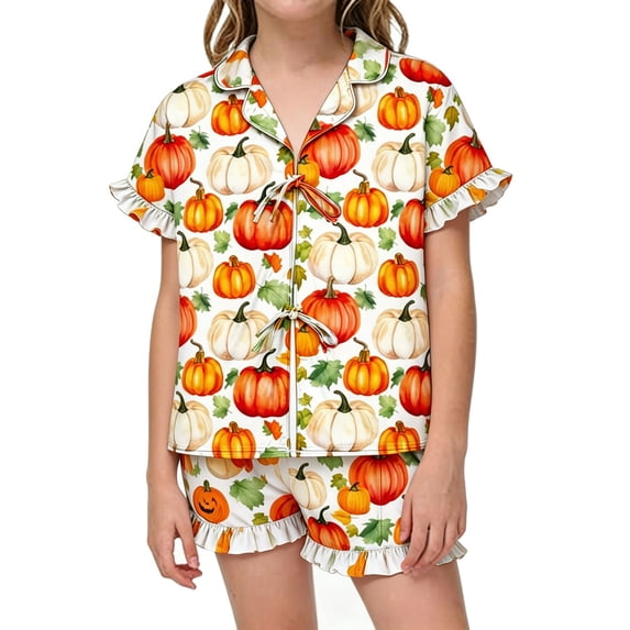 Likimi Child Girls Halloween Pajamas Set With Ruffles Short Sleeve Hallowmas Pumpkin Print Lapel Pjs Tops With Shorts For Party Fashionable Homewear Set Size 3-4 Years
