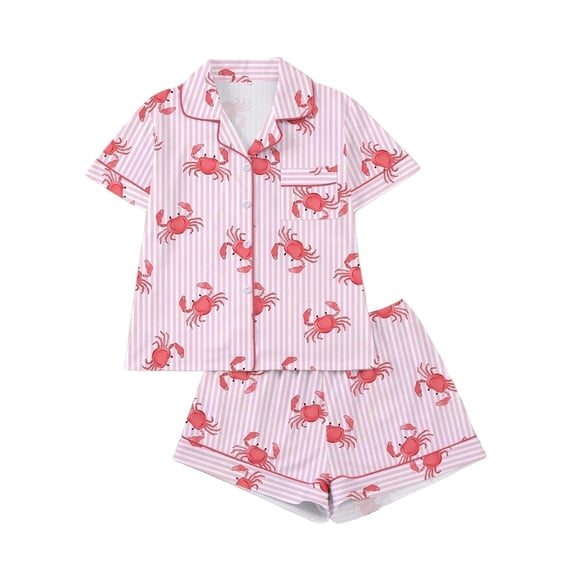 Likimi Child Girls Pajamas Set Short Sleeve Cartoon Print Lapel Button Down Pjs Tops With Shorts Comfort Loungewear Set Size 7-8 Years