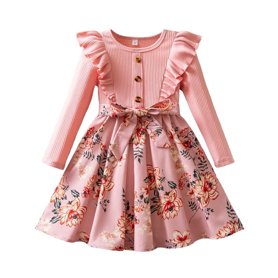 Likimi Child Kids Girls Dress Floral Print Crew Neck Long Sleeve Autumn Winter Fashion Casual Dresses Pink Size 5-6 Years