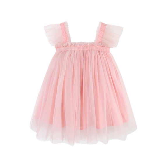 Likimi Child Kids Girls Dress With Mesh Solid Color Square Neck Flutter Sleeve Summer Fashion Comfort Dresses Light Pink Size 5-6 Years