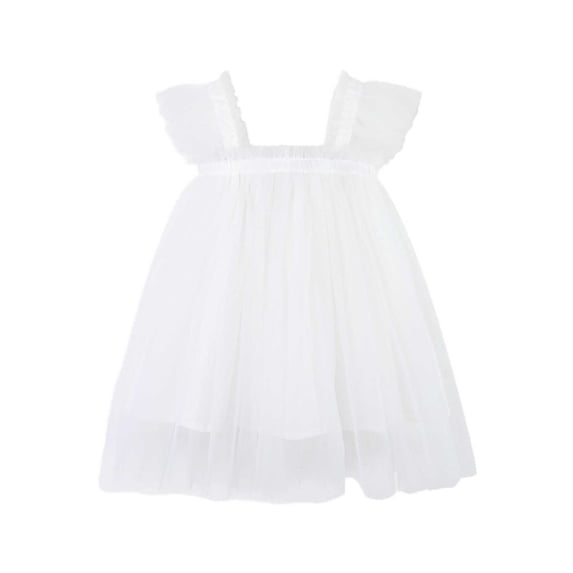 Likimi Child Kids Girls Dress With Mesh Solid Color Square Neck Flutter Sleeve Summer Fashion Comfort Dresses White Size 12-18 Months