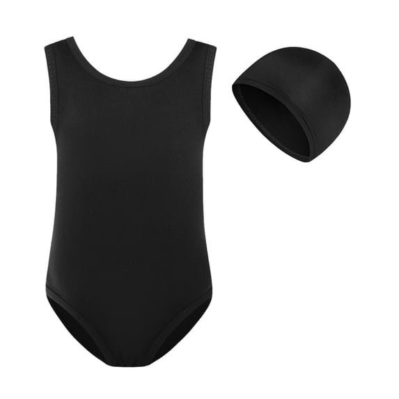 Likimi Child Kids Girls One Piece Swimsuits With Swim Cap Solid Color Crew Neck Sleeveless Breathable Soft Swimwear For Beach Pool Black Size 7-8 Years