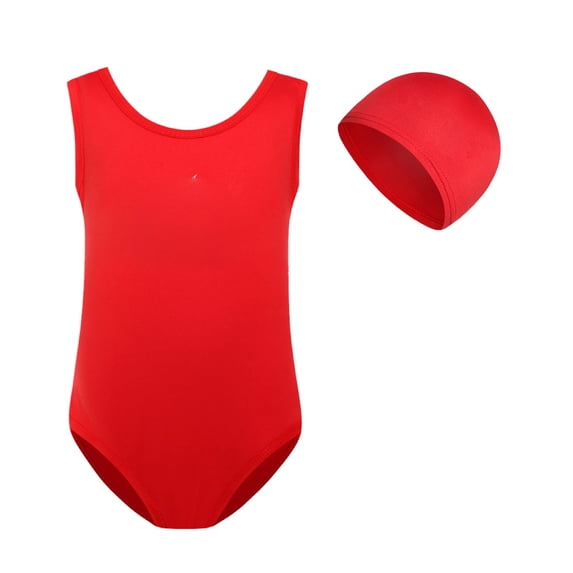 Likimi Child Kids Girls One Piece Swimsuits With Swim Cap Solid Color Crew Neck Sleeveless Comfortable Casual Swimwear For Swim Beach Red Size 7-8 Years