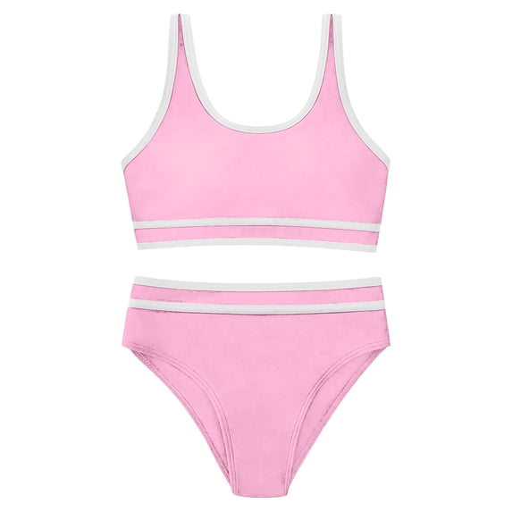 Likimi Child Kids Girls Two Piece Swimsuits Solid Color Crew Neck Sleeveless Bikini Set Fashionable Swimwear For Beach Pool Pink Size 13-14 Years