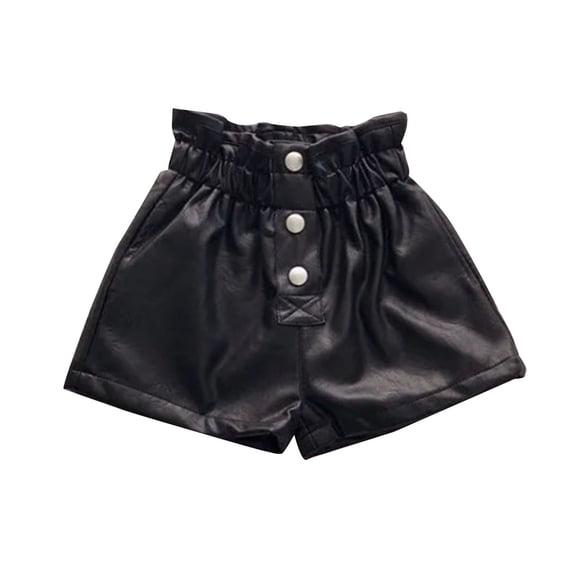 Likimi Childre Girls Leather Shorts Elastic Waistband Solid Color High Waist Fashion Casual Summer Shorts Black Size 9-11Years