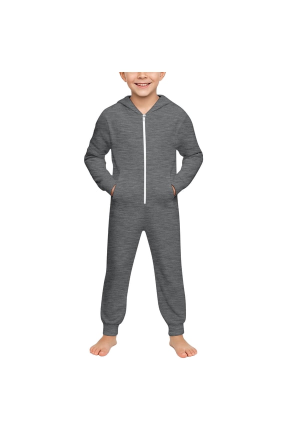 Children Boys Girls Jumpsuit Solid Color Long Sleeves Zipper Hooded Spring Autumn Bodysuit With Pocket Gray Size 7-8 Years
