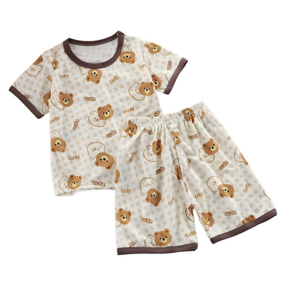 Likimi Children Boys Girls Two Piece Set Breathable Cartoon Print Crew Neck Short Sleeve Shirt Short Pant Summer Outfit Set Brown Size 4-5 Years
